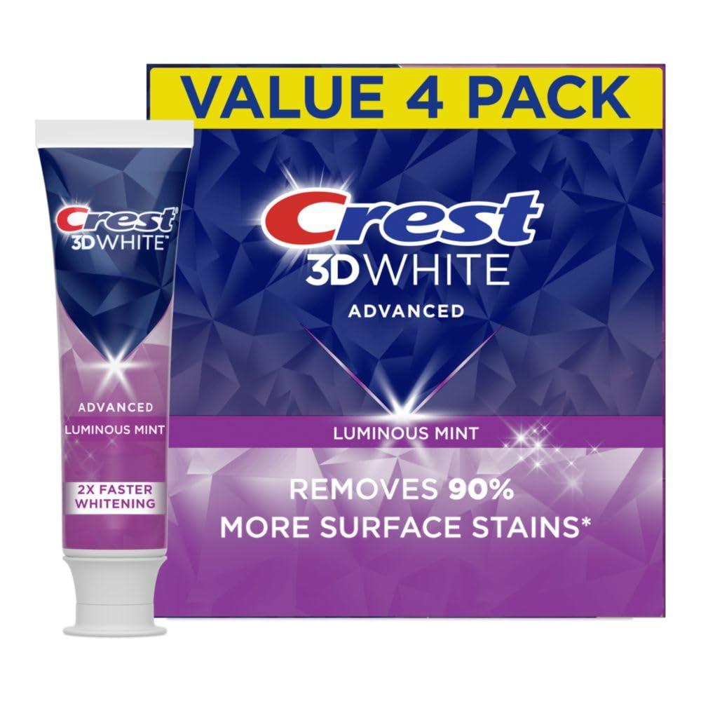 Crest 3D White Advanced Luminous Mint: Surprising Teeth Whitening Blend - Stain Removal, Enamel Boost, & Cavity Defense (Pack of 4)