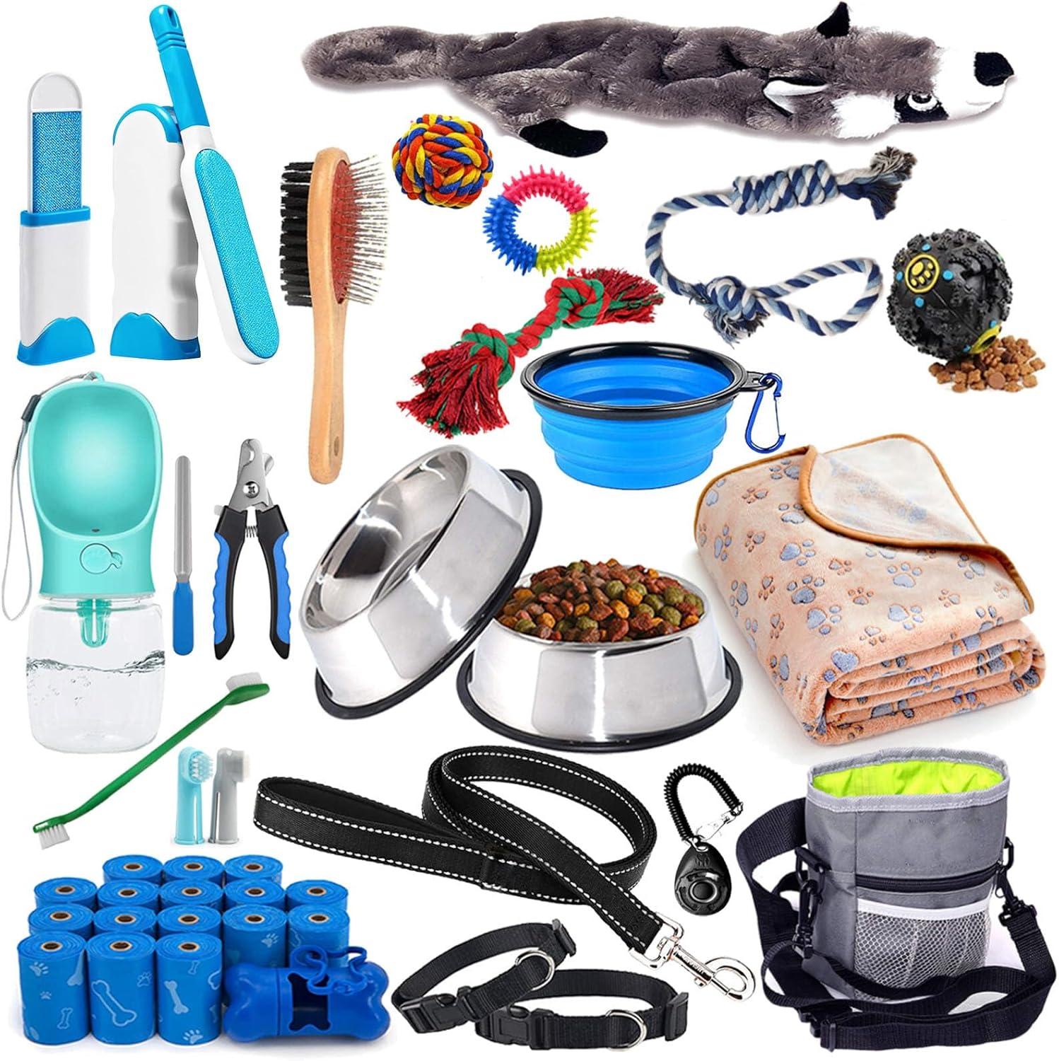 39-Piece Puppy Kit: Non-Slip Bowl, Tested Toys, Adjust Leash, Soft Bristles, Portable Bottle, and More