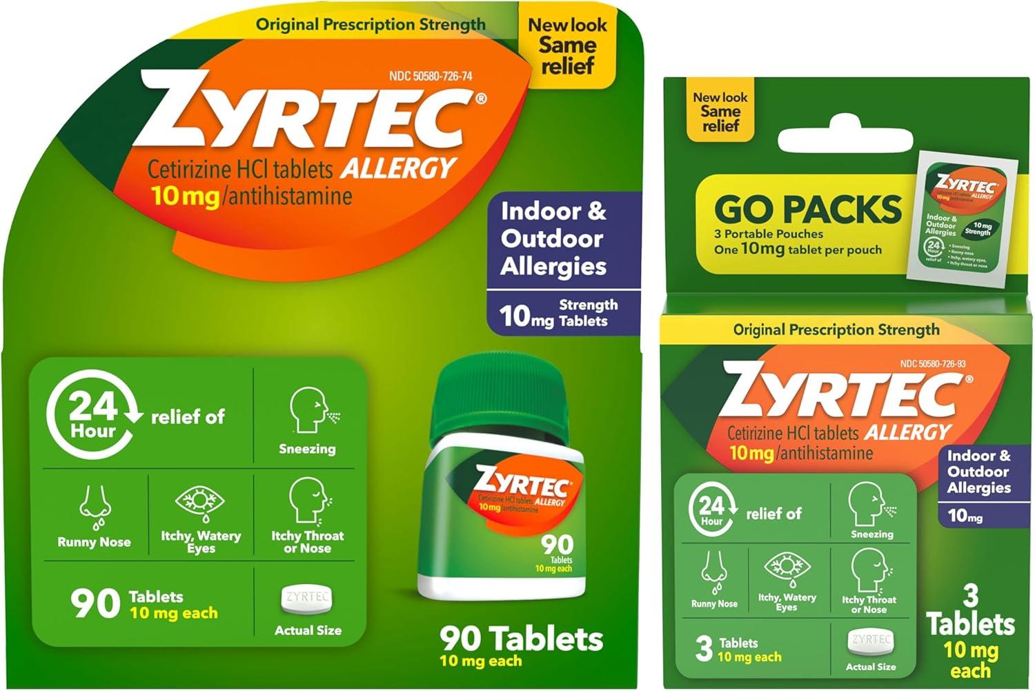 Zyrtec 24-Hour vs. Value Bundle: 90 Ct & 3 Travel Packs for Indoor/Outdoor Allergy