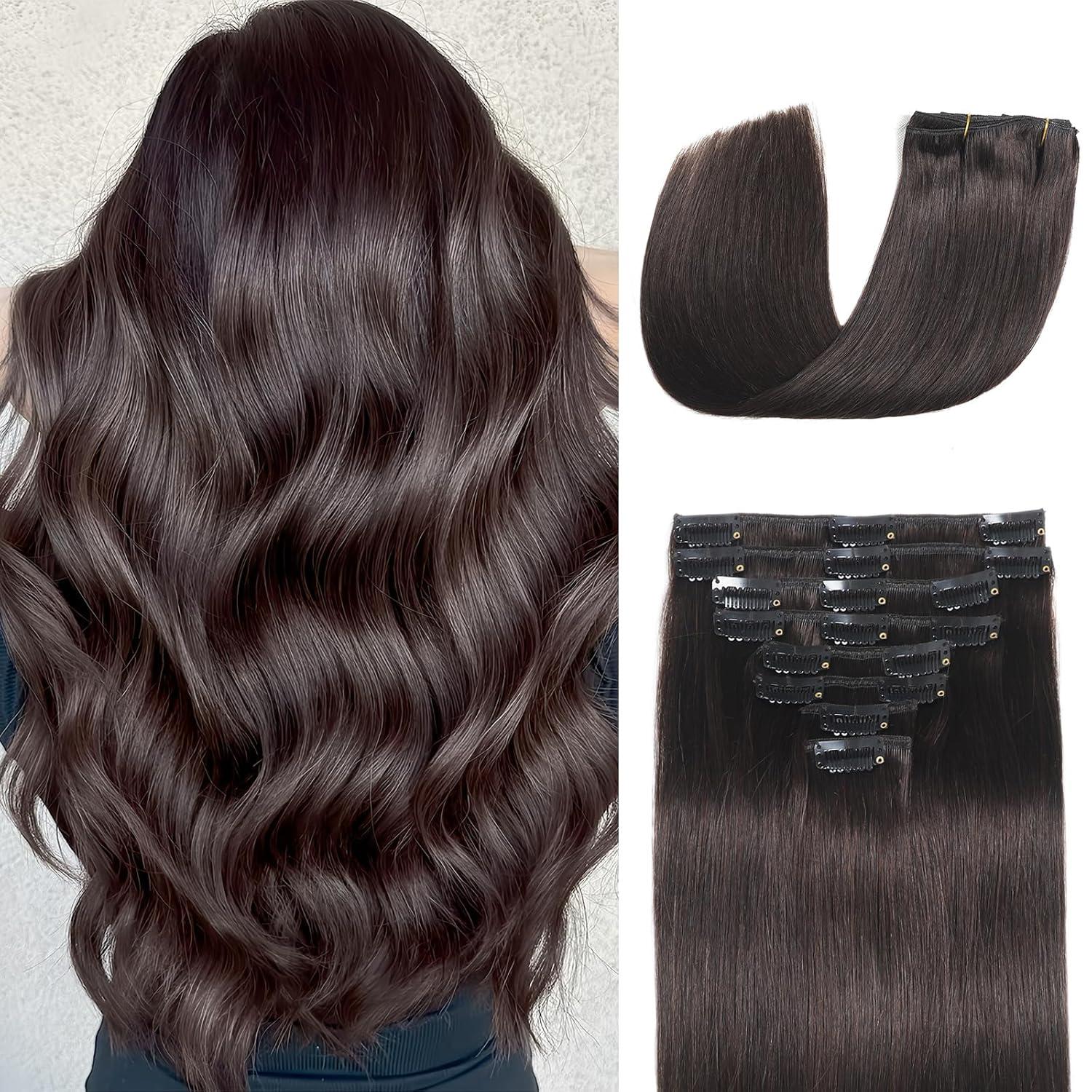 Versus Clip-In Extensions: Surprising Human Hair Seamless Test… (8pcs, 16-inch Dark Brown Remy)