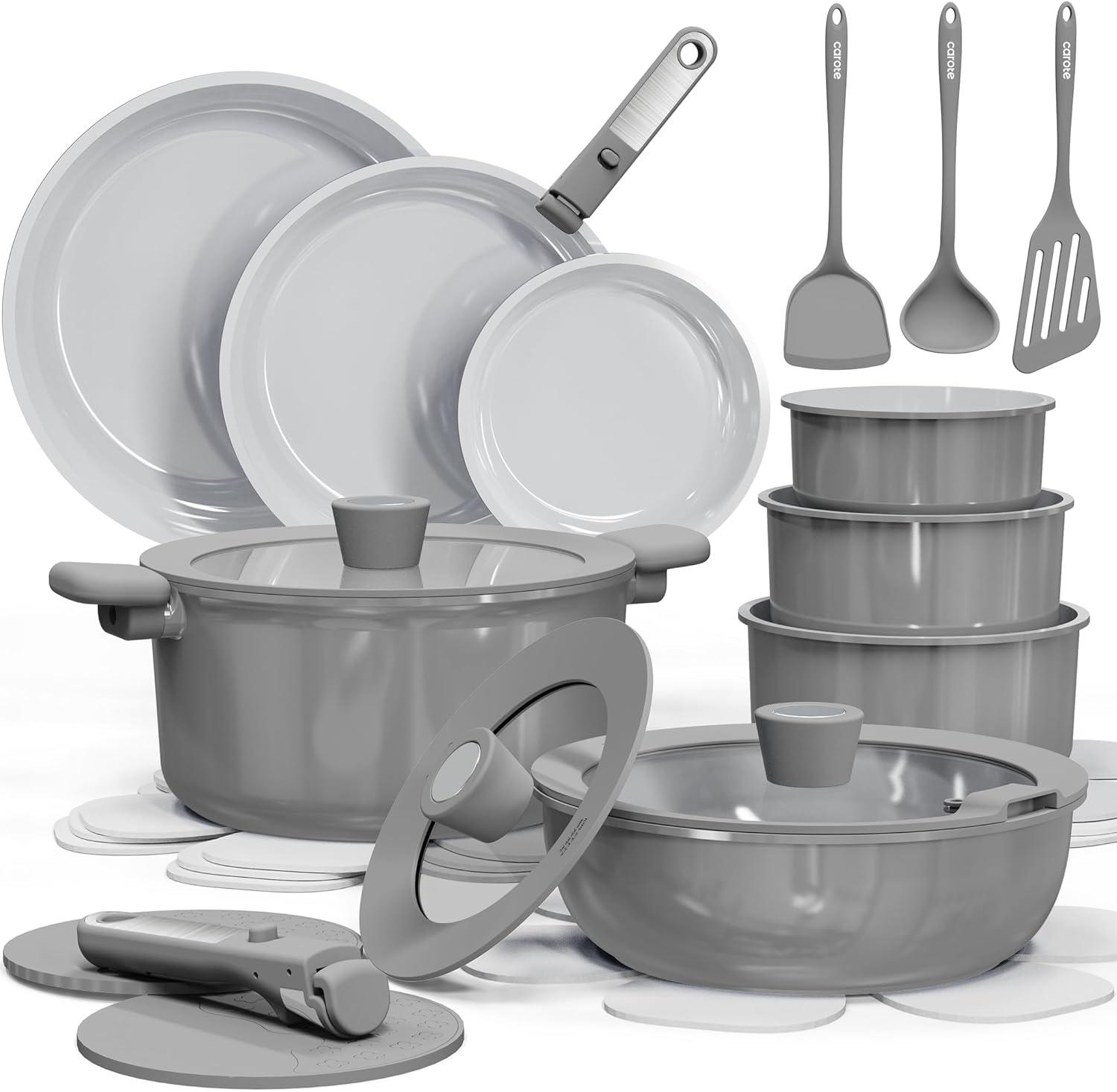 CAROTE 25pc Ceramic Cookware Set: Tested for RV Use-Nonstick, Non-Toxic, Dishwasher-Safe, Utensil-Included