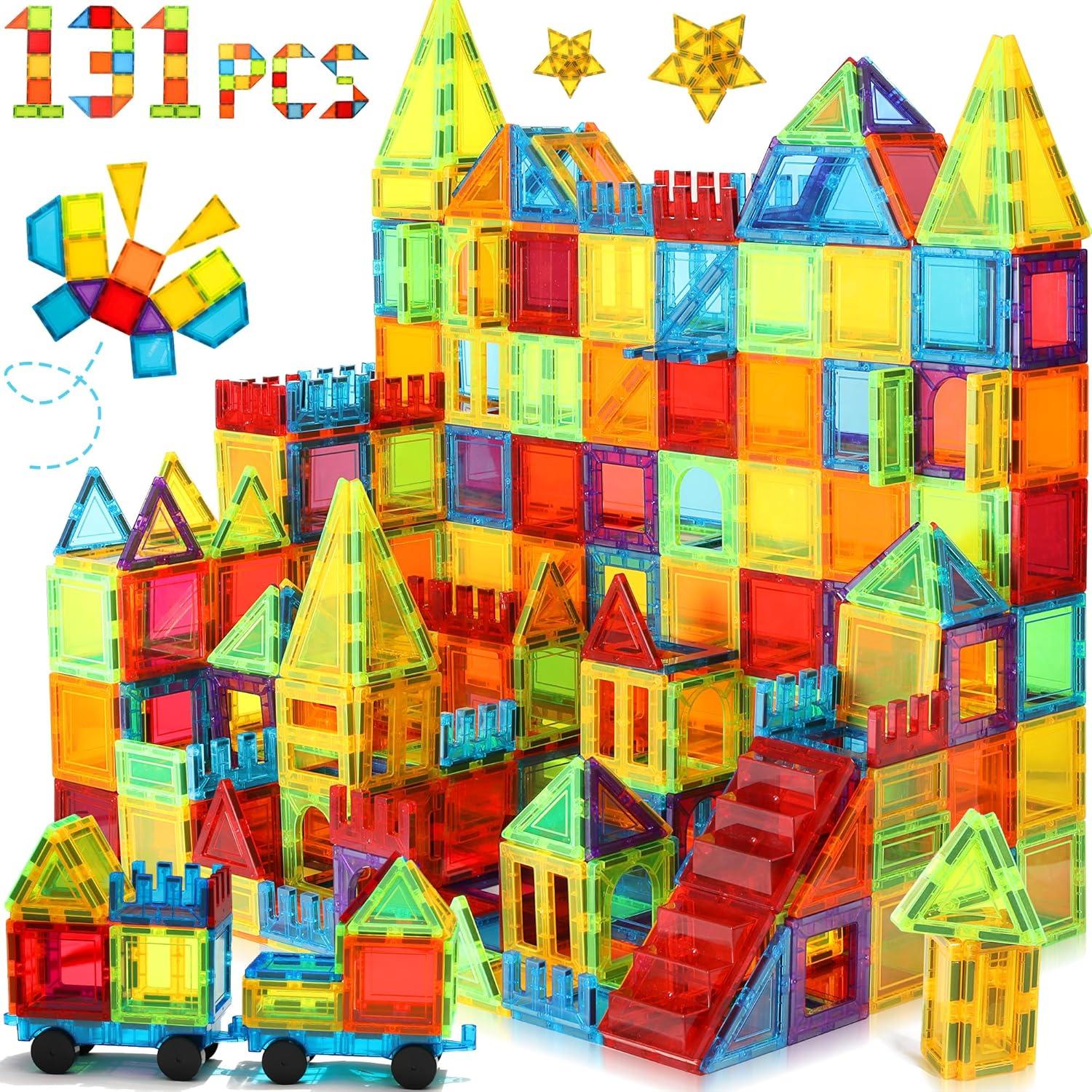 Magnetic Tiles Showdown: Surprising Play Insight, 131+ Pcs, Cars Add Fun... Ages 3-9+ Toy Set (Educational Building)