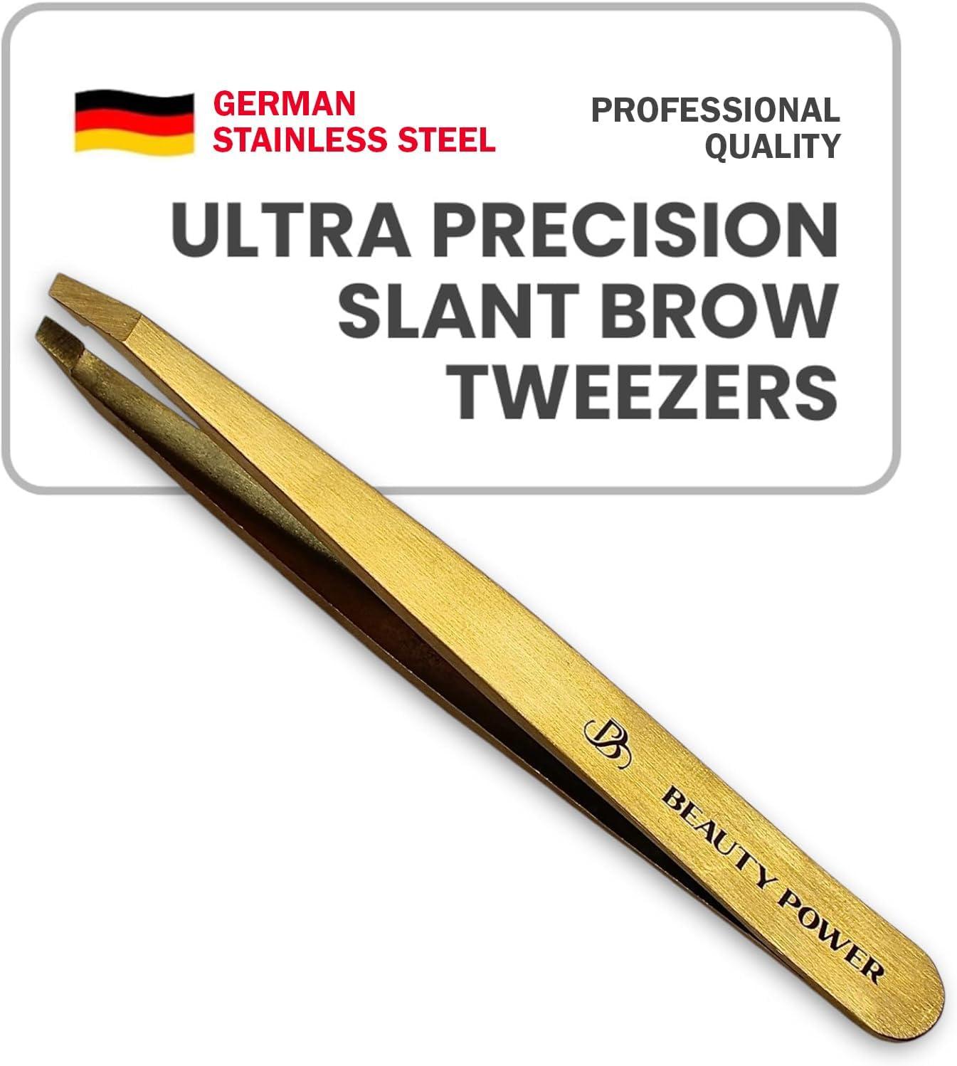 Testing Slant Precision: Matte Gold Gift's Durable German Steel Tweezers