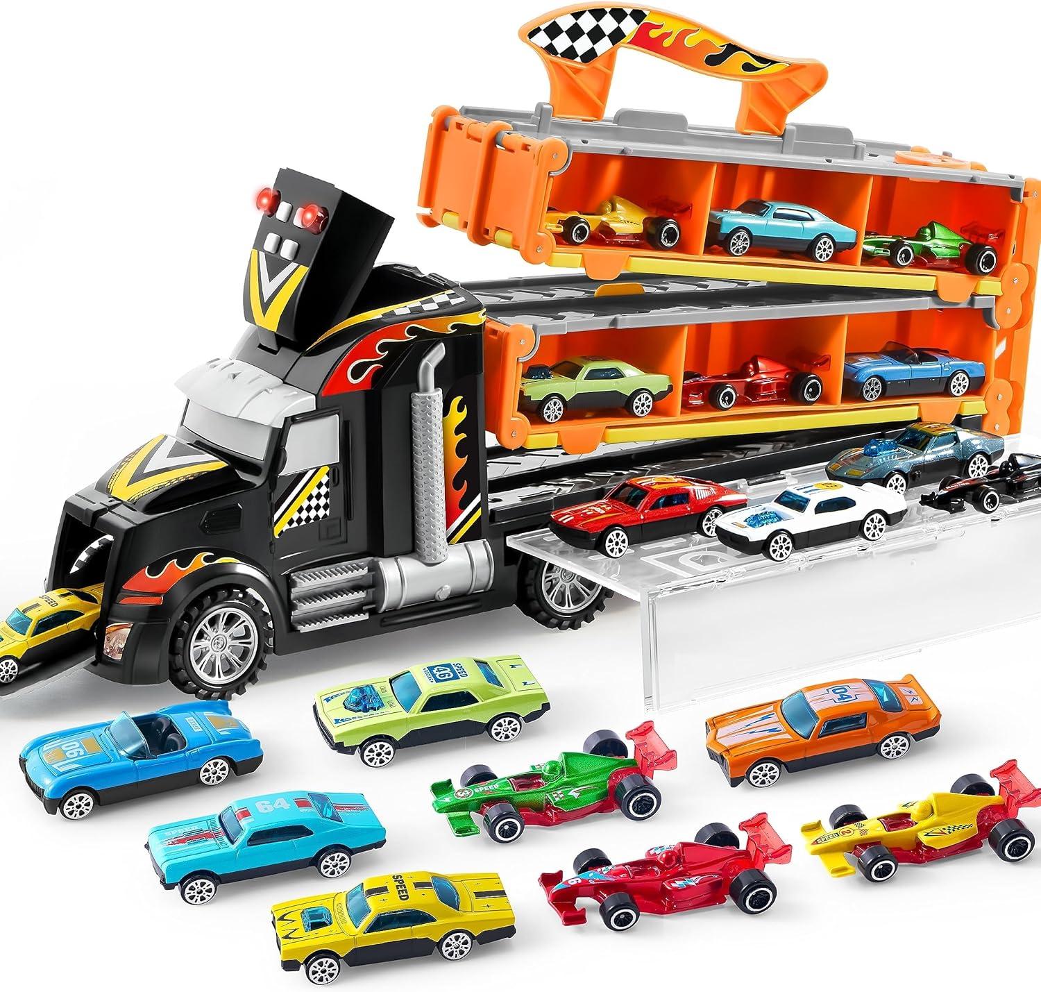 JOYIN Toy Truck Compared: 5-FT Track, 12 Metal Cars, Lights & Sounds - Surprising Toddler Carrier?