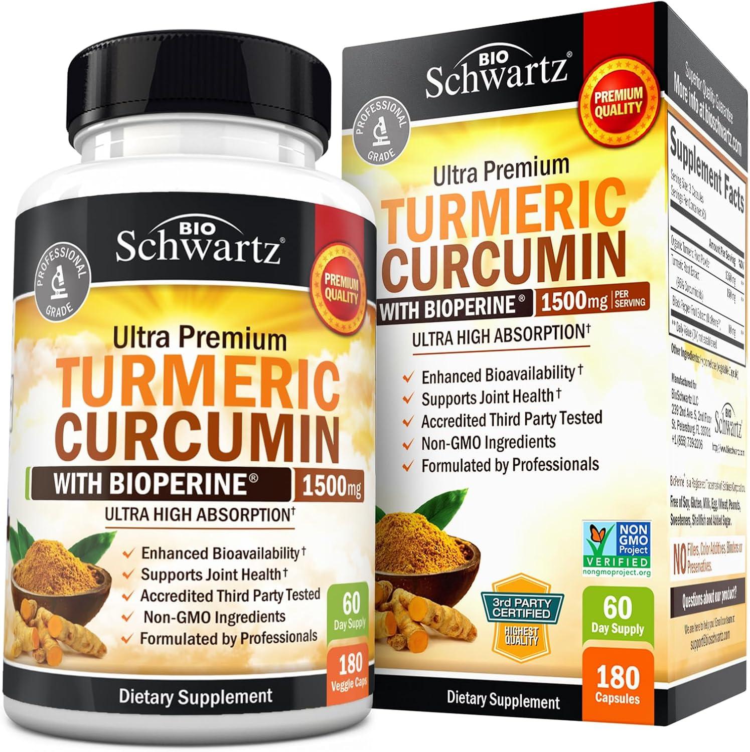 Turmeric Curcumin vs. BioPerine: 1500mg High Absorption Turmeric Supplements for Joint Support - Non GMO, 180 Capsules