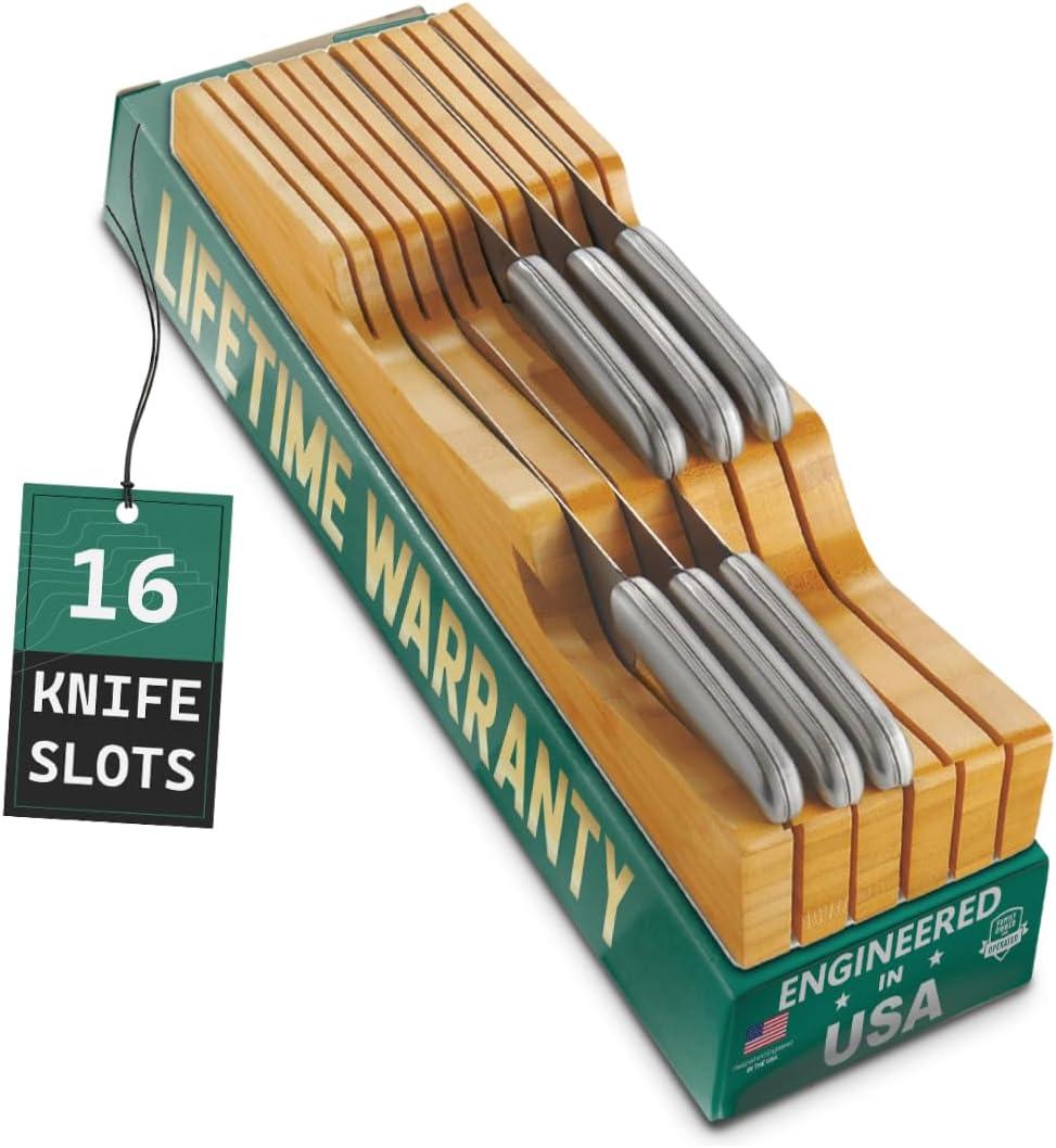 Compares 16-Slot Bamboo Knife Block vs Drawer Insert for Safe, Space-Saving Storage
