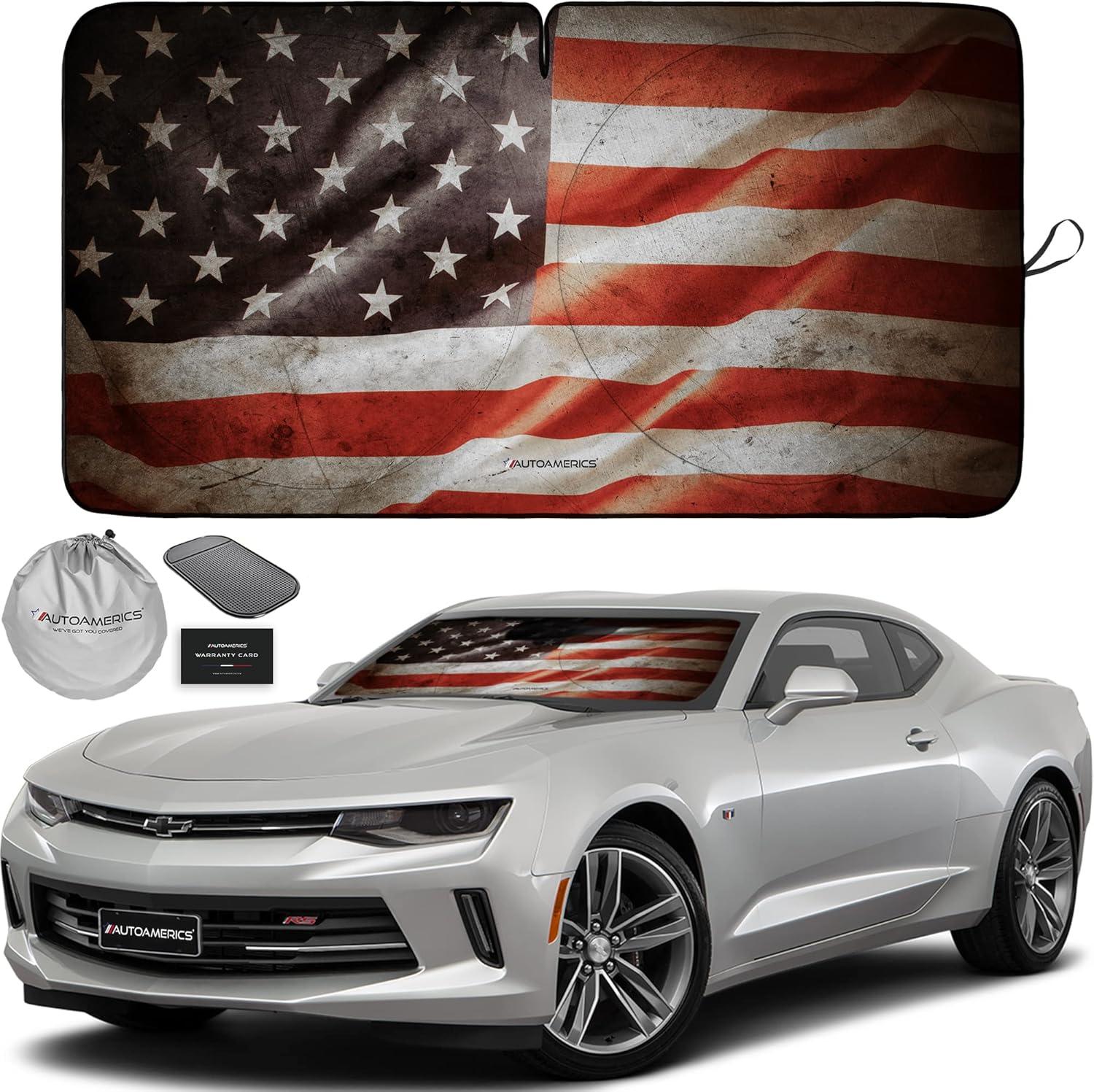 Autoamerics Windshield Sunshade: Grunge Flag & Foldable Tested for UV Cooling