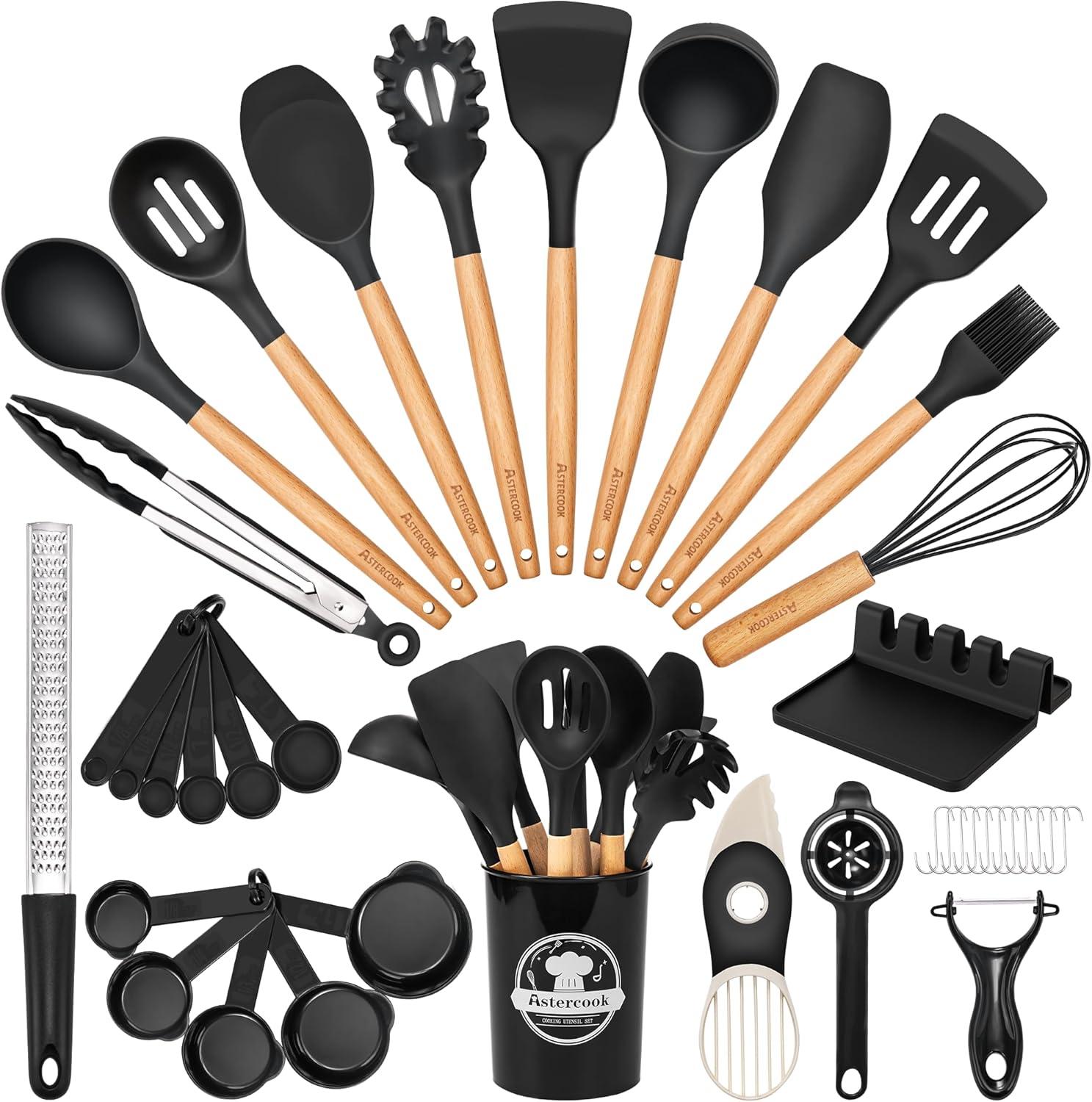 Showdown: 39-Piece Silicone Utensils with 446°F Tested, BPA-Free Handles (Black)