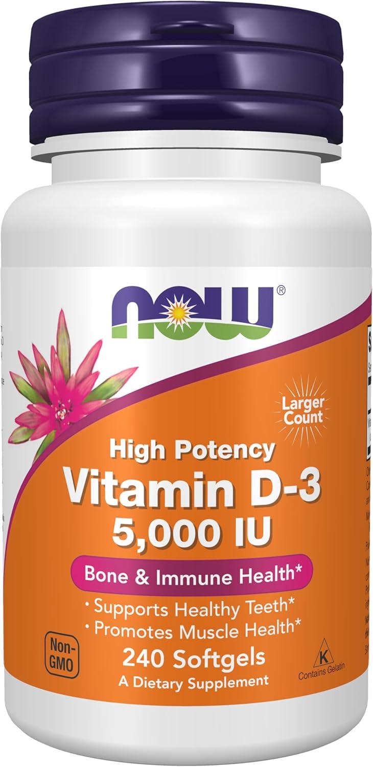NOW Vitamin D-3 5,000IU: High Potency Tested for Structural Support* in 240 Softgels
