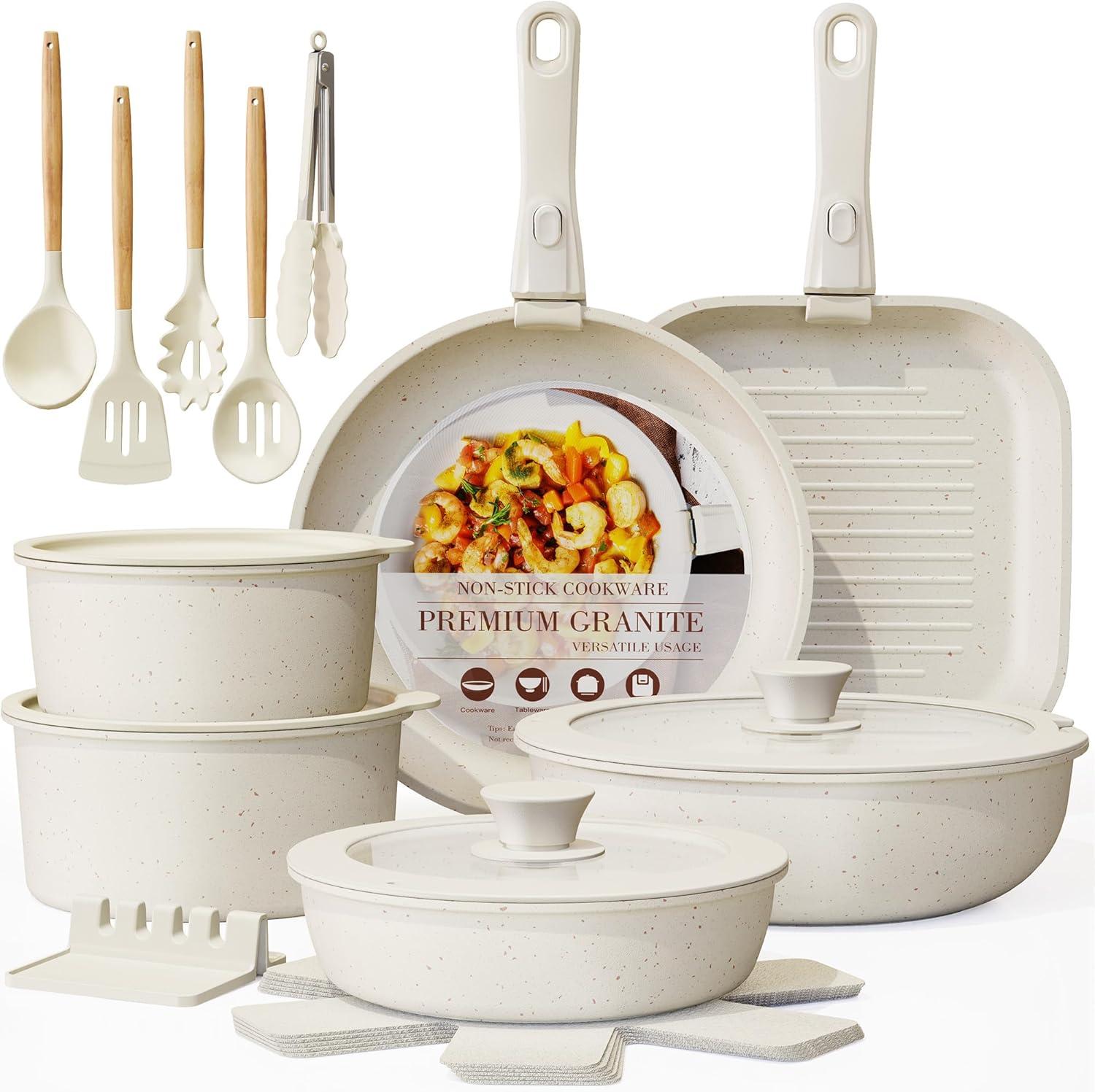 Astercook 23-Pcs Kitchenware Showdown: Detachable Handles, Oven Safe, Induction Ready, Stackable, Cream White-Surprising Eco Edge!