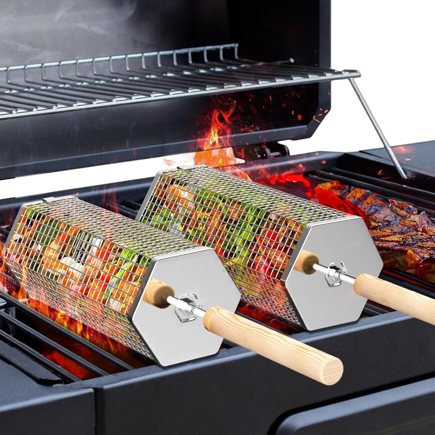 Grill Basket Showdown: 2PCS Hexagon, Wood Handle, 304 Steel, Nesting for Outdoor BBQ & Camping…