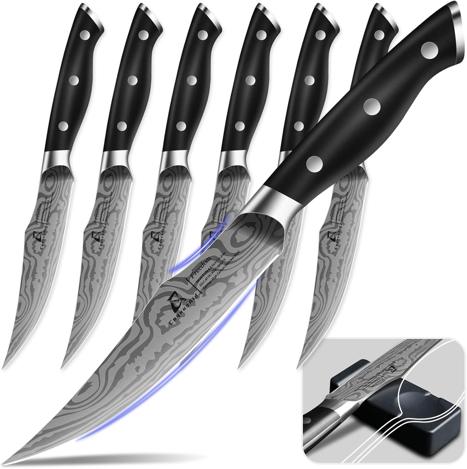 Showdown: 6-Piece Steak Knife Set-Forged Damascus, Rust-Resistant, Non-Serrated Edge, Tested for Modern Kitchens